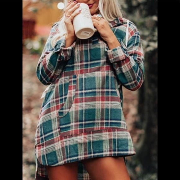 Hooded Flannel Plaid Loose V-Neck Few Buttons 🦘Pocket Drawstring Pullover Shirt - Picture 6 of 14